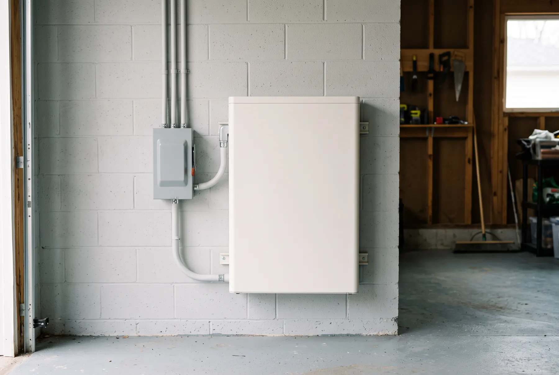 A home battery storage unit mounted on a clean garage wall with neat conduit runs.