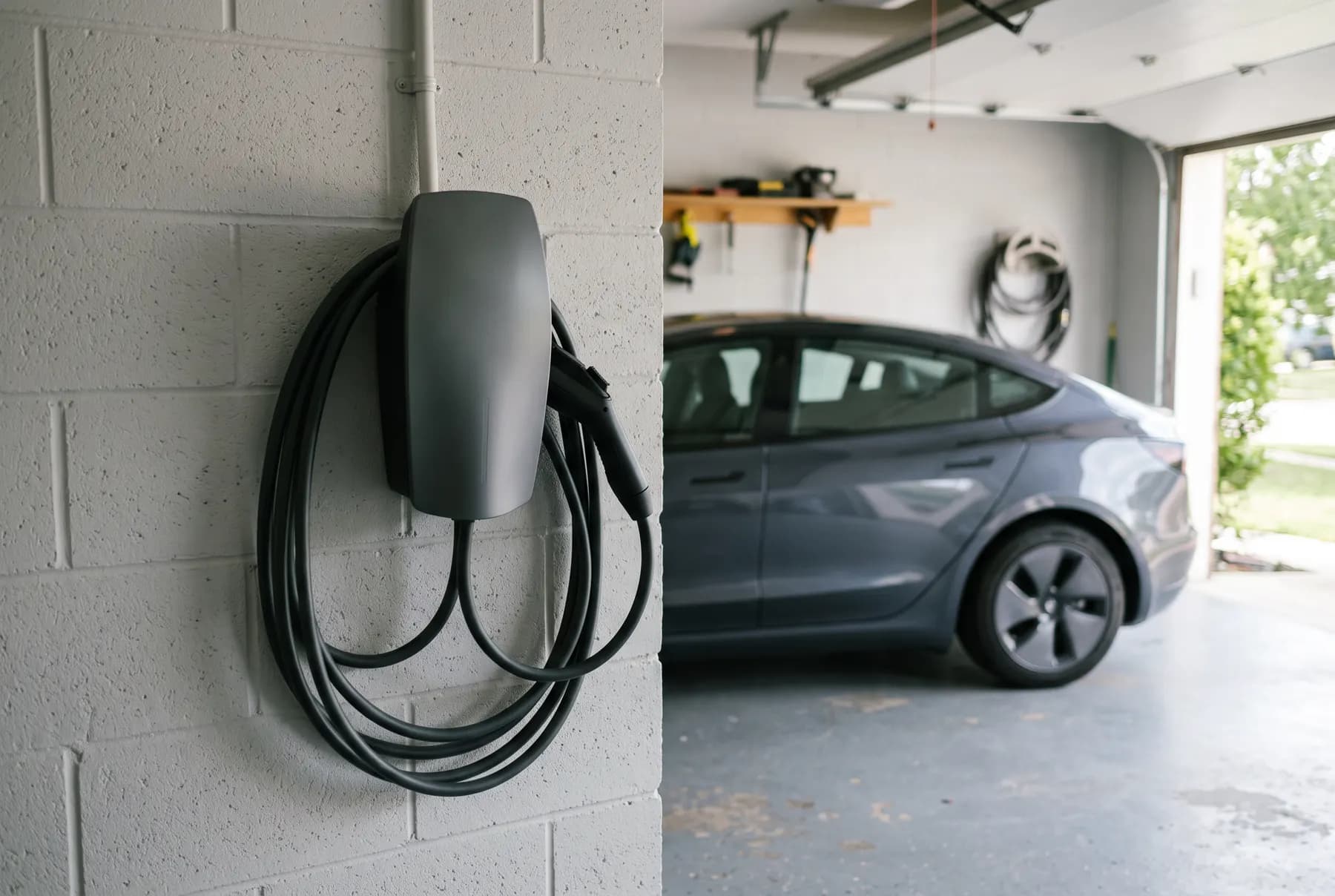 A wall-mounted electric vehicle charger in a clean residential garage with the cable coiled.