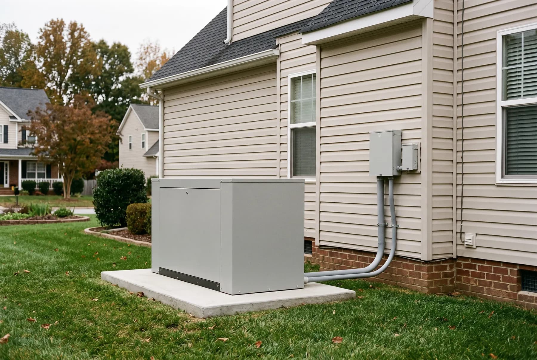 A standby generator on a concrete pad beside a suburban house with conduit running to a transfer switch.