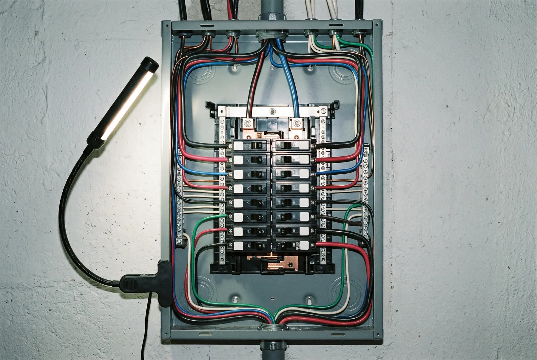 An open residential electrical service panel showing neat rows of breakers and dressed conductors.