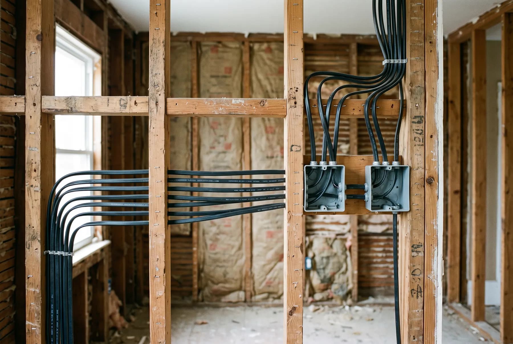 New electrical cable neatly run through open wall studs during a residential rewire.
