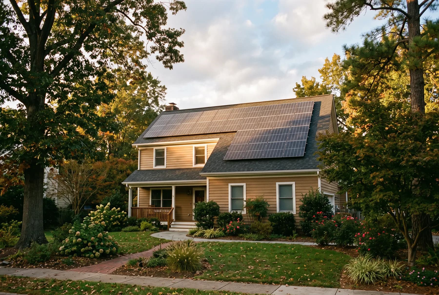 A completed rooftop solar array on a suburban North Carolina house seen from the front yard.