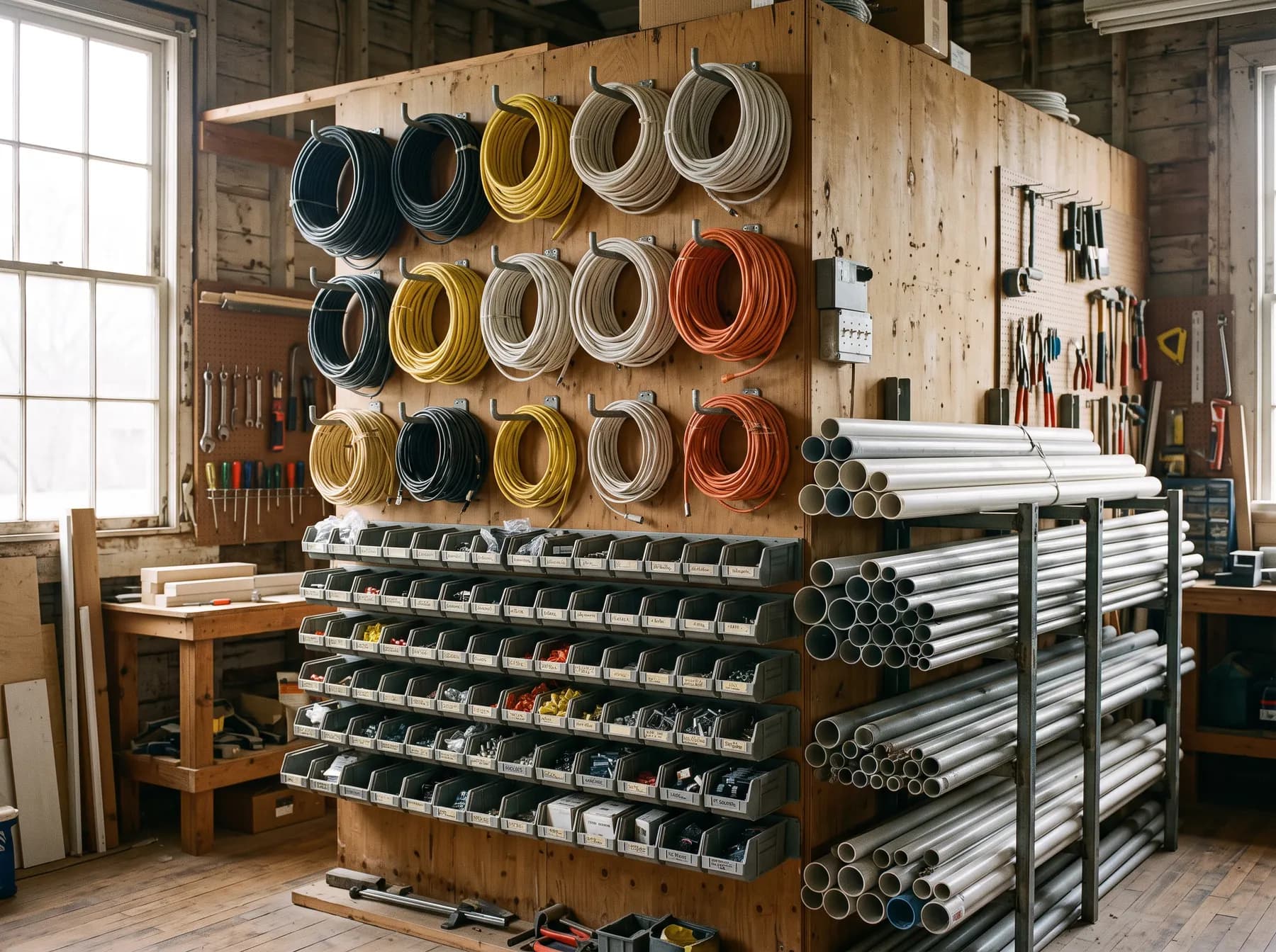 A workshop wall of coiled cable, connector bins and racked conduit.