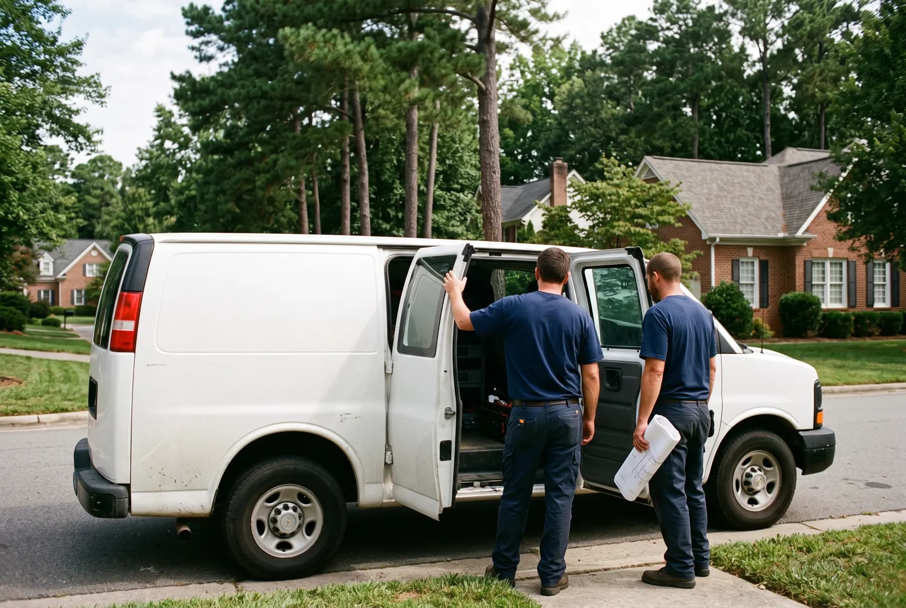 Two electricians at the open side door of a work van on a quiet residential street.