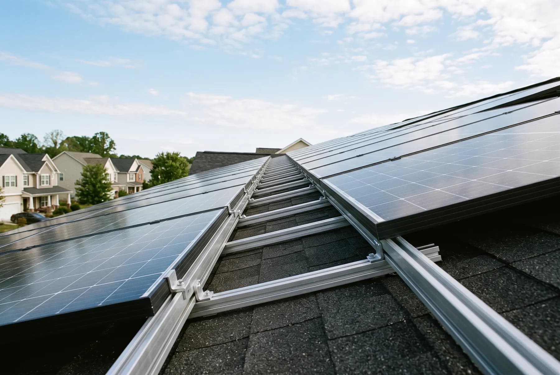 Solar panels being installed on a suburban North Carolina roof, seen along the array.